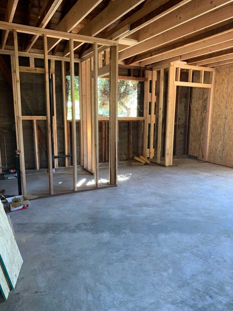 wood framing inside of garage being converted