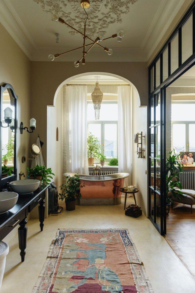 beautiful and designed bathroom with a copper bathrub